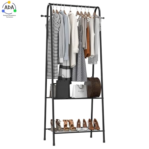 Image of ADA Premium Metal Heavy Duty Drizzle Garment Rack with 10 Side Hooks, Multifunctional 2 Lower Shelves Clothe Rail - Black (84 x 31 x 140cm)