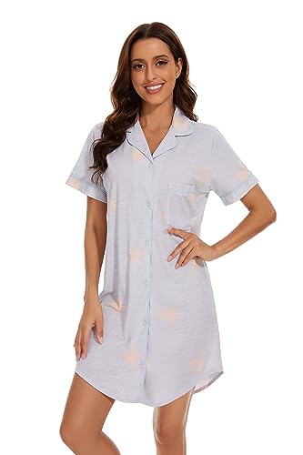 Image of CHUNG Nightshirts for Women Short Sleeve Cotton Sleepshirt Loungewear Button Down Dress pjs Pajamas Plus Size