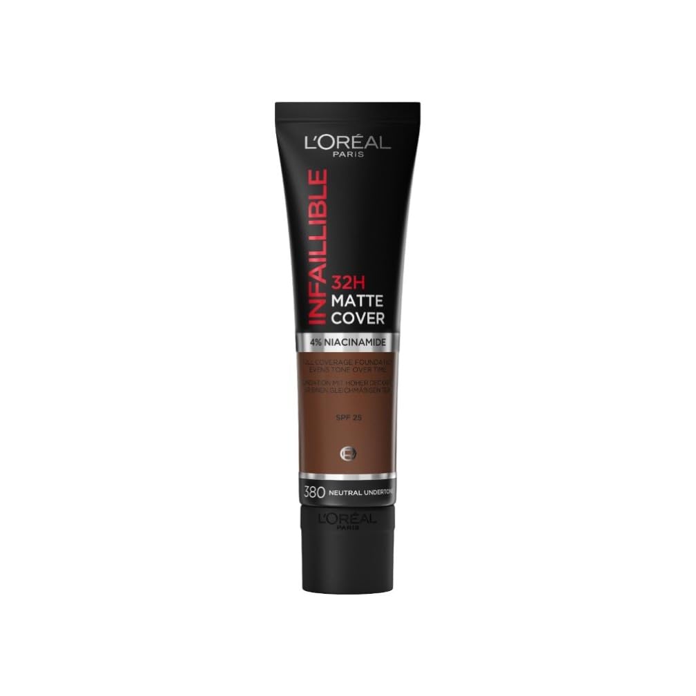 L'Oreal Paris Cover Liquid Foundation, With 4% Niacinamide, Long Lasting, Natural Finish, Available in 20 Shades, SPF 25, Infallible 32H Matte Cover, Shade 380, 30ml