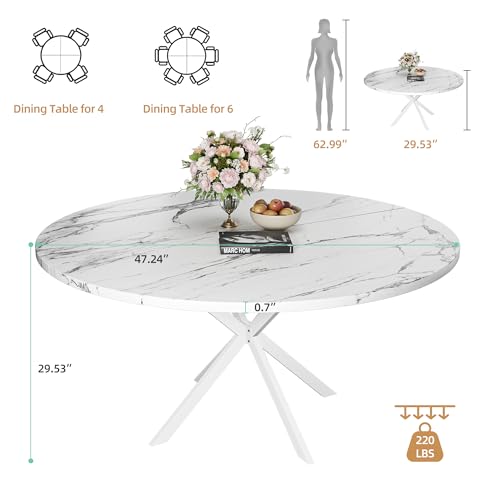 47.24" Round Dining Table for 4-6 Person, Round Kitchen Table with Wood Top, Circle Dinner Pedestal Tables with Metal Legs for Dining Room Kitchen (White Marble) - Image 3