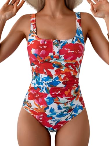 B2prity One Piece Swimsuit for Women Tummy Control Ruched Slimming Bathing Suit Button Full Coverage Swimwear