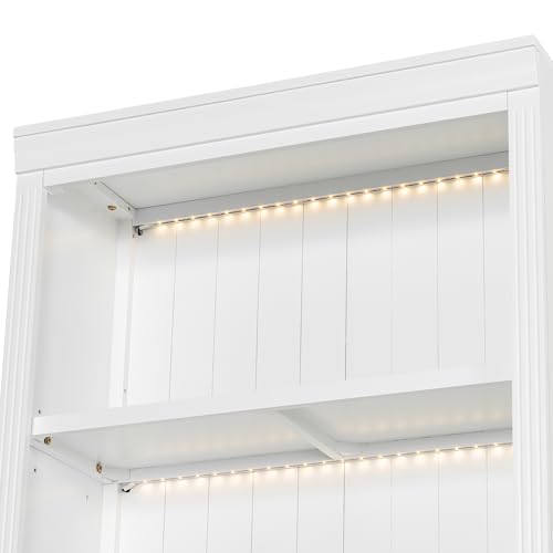 Image of Bookshelves and Bookcases with Sliding Doors and Open Shelves Floor Standing Display Storage Shelves,83.4 inch Tall Bookcase with 3-Layer LED Lightings for Home Office, Living Room,White