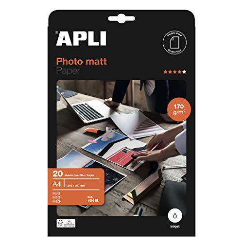 APLI 10418 - Papel fotográfico Matt A4, pack de 20 hojas, 170 g, con acabado mate, apto impresoras inkjet