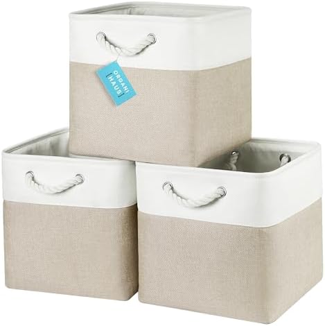 OrganiHaus Aufbewahrungsbox 30x30cm 3er-Set, Würfelkörbe aus Stoff mit Seilgriffen, Faltbare Aufbewahrungswürfel für Kallax Organizer, Ablagekörbe für das Kinderzimmer Beige/Weiß