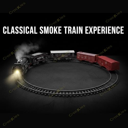 Image of Crackles Steam Engine Train Set for Kids - Light & Hindi Music Sound Classic Vintage Engine with Smoke Effect, Rechargeable Battery, Type-C Cable, Water Dropper & Tracks - Battery Operated Toy
