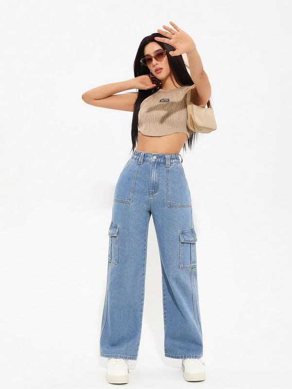 Image of Amazon Brand - INKAST Women Multi-Pocket Denim Cargo Pants Casual Fit Stylish Trousers