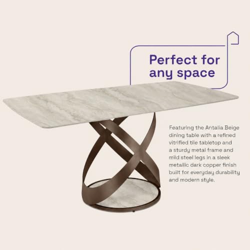 Image of Wakefit Mochi Dining Table - Antalia Beige - 6 Seater I Marble Finish I Vitrified Tile Top I Antalia Beige