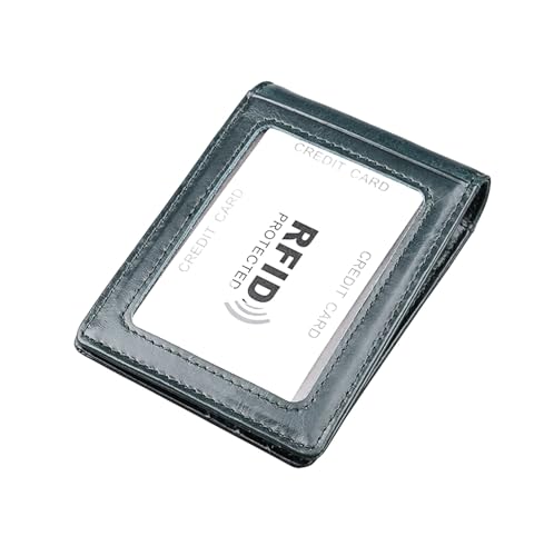 Genuine Real Leather Slim Minimalist Wallet for Men & Women. RFID Blocking Front Pocket Card Holder with Money Clip Front ID Window 10 card Slot (BLue)