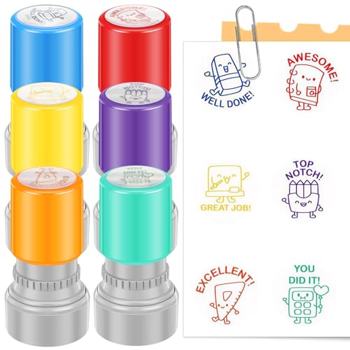 6 Pack Piece Teacher Stamps Colourful Self Inking Stamp Personalised Teacher Review Encouraging Stamp for Marking School Reward Stamps Teachers Supplies Gifts(6 Pack)