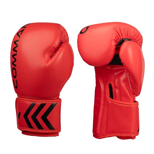 Commando Professional Training Boxing Gloves - Red - Durable Leather with Shock Absorption Foam Padding - Assorted Sizes (10oz)