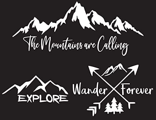 Mountain Decal 3 Pack: Explore, Mountains are Calling, Wander Forever Simple - White - Outdoors Hiking Camping Mountains Vinyl Decal Sticker