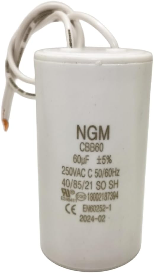 60UF MFD CBB60 Motor Run Capacitor 250VAC Volts Round Cylinder 2 Wires, Metallized Polypropylene Film Capacitor for Motor Run, Air Conditioners, Washing Machines and Water Pumps