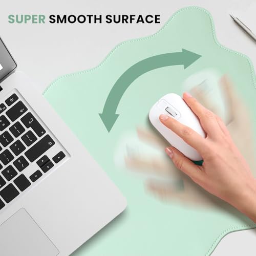 Image of PU Leather Desk Pad, Scalloped Non-Slip Mouse Pad & Large Desk Mat Cover Stitched Edges Writing Pad for Office, Home - Waterproof, Easy to Clean, Durable Surface I 31.4 inchx15.7 inch, Mint Green