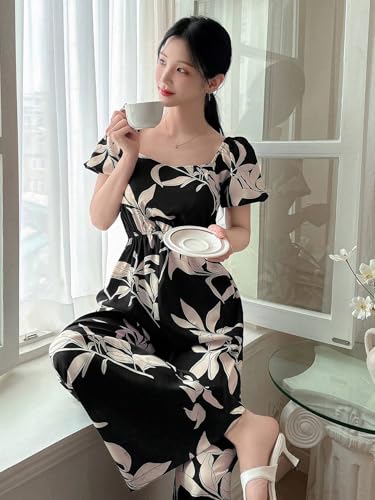 Image of LITZO Dress for Women | Long Rayon Dress for Women's | Floral Wide Leg Long Jumpsuit with Pockets | Regular Jumpsuit for Women (137-138)