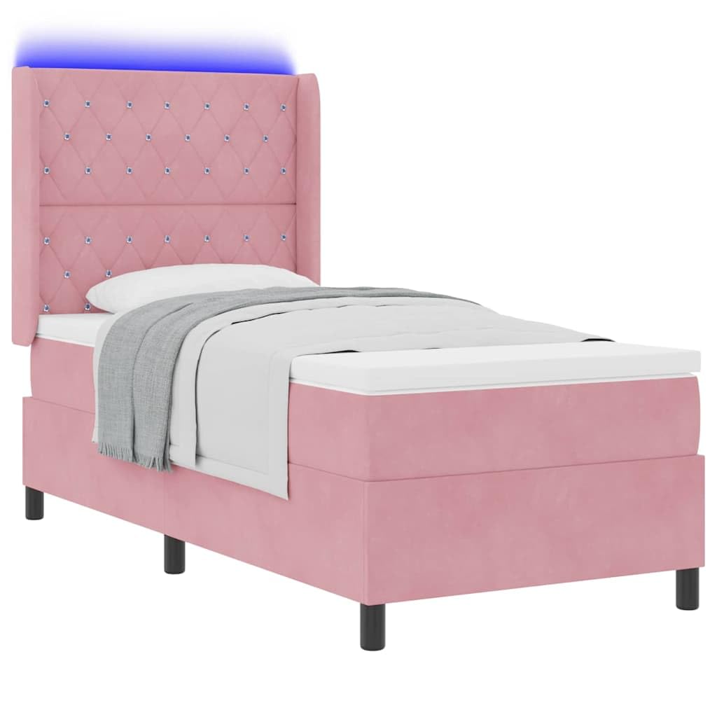 Lit à Ressorts avec Matelas LED Rose Velours 90x200 cm Tête réglable Bois RGB Lumière Éclairage USB Design Moderne Chambre Adulte Détente Nuit Confort