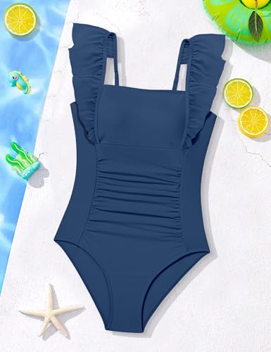 Image of NECIOUS Girls Swimsuit Ruffle Adjustable Straps One Piece Bathing Suit Solid Color Ruched Girls' Swimwear 9-16Y
