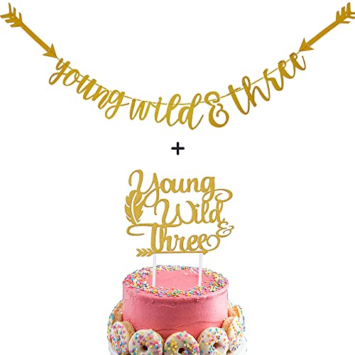 Young Wild & Three Gold Glitter Banner and Cake Toppers for Baby 3rd Birthday Party Decorations by Ucity