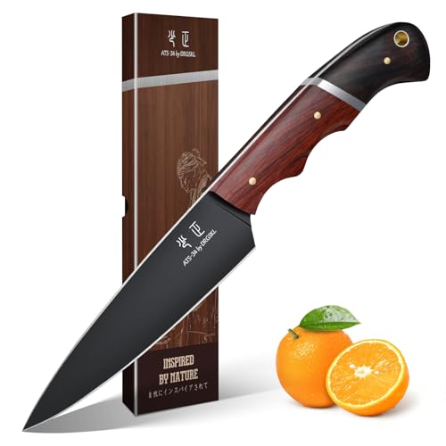 DRGSKL Kitchen Utility Knife From Japan - Small Chef Knife 5 Inch Forged from a Single Piece of High Carbon ATS-34 Steel, Full-Tang Paring Knife with Walnut Handle for Fruit and Vegetable, Ideal Gift
