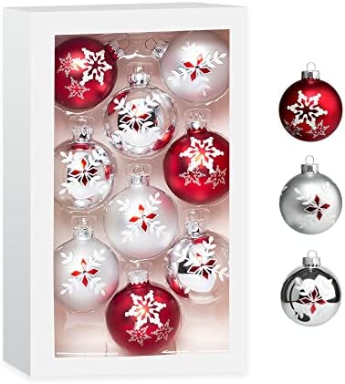 Costyleen Christmas Decoration Colorful Glass Balls Ornaments Set Festival Home Party Decors Xmas Tree Hanging Pendant Snowflake Leaf Patterns 9pc Red Silver 2.7in
