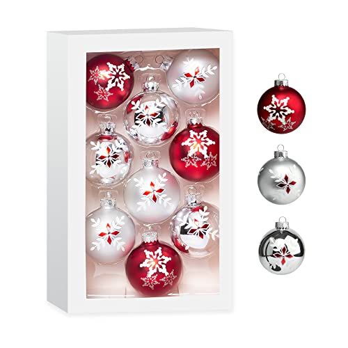 Costyleen Christmas Decoration Colorful Glass Balls Ornaments Set Festival Home Party Decors Xmas Tree Hanging Pendant Snowflake Leaf Patterns 9Pc Red Silver 2.7In #TOP3