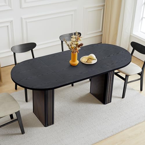 Image of 70.8 Inch Kitchen Dining Table for 4-6 People, Oval Kitchen Table with Wood Strip Base, Modern Farmhouse Large Round Dining Room Tables for Home Living Room (Black)