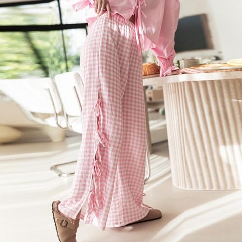 Image of Y2K Gingham Pants for Women Bow Tie Side Slit Wide Leg Lounge Bottom Plaid Checkered Loose Fit Going Out Pants