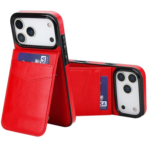 Étui en cuir pour iPhone 17 rouge avec porte-cartes et support