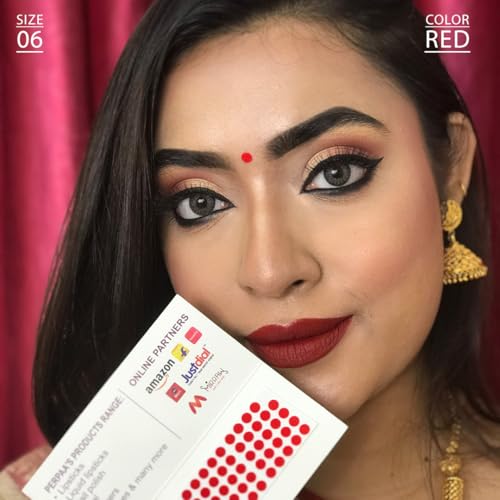 Image of PERPAA Premium Velvet Sticker Kumkum Bindi Box of 15 Flaps - Pottu for Women,Ladies, Girls (Size 6, Diameter 5mm, Red)