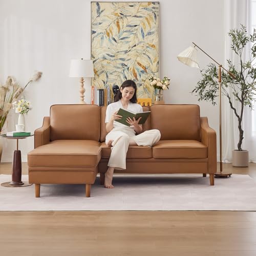 Image of Kingfun 88 inch L-Shape Sofa, Faux Leather Sectional Couch, Mid Century Modern Couches with Solid Wood Frame for Living Room Bedroom