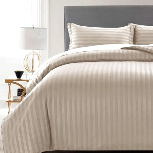 Image of Filymore King Size Bedsheet with 2 Pillow Covers, 300 TC Soft Microfiber Satin Striped Bedsheet, Cream Striped Bedcover for King Bed, Breathable & Comfortable Bedding Set (108x108 Inches)