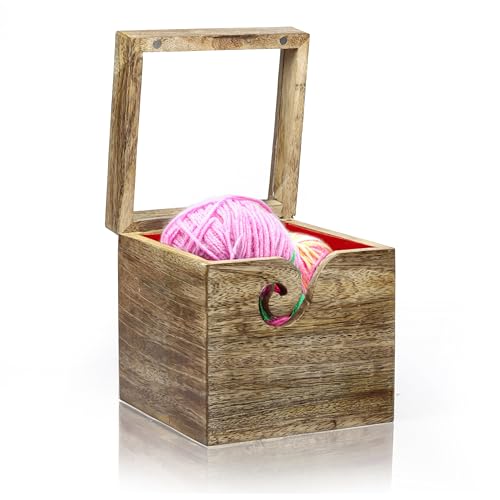Image of Wooden Yarn Bowl, Square Shape Yarn Ball Holder, Craft Knitting Bowl, Yarn Bowl Holder for Crocheting and Knitting, , Yarn /Wool /String Storage Accessory (Single Ball Holder (6x6x6)