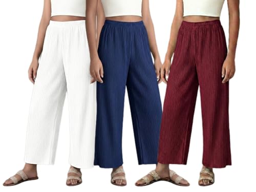 Image of Set of Combo Trouser and Pants for Girls and Women's Relaxed Fit Stretchable Regular Fit Palazzos Lightweight Elastic Waistband Bottoms for Daliy Office & Casual Wear