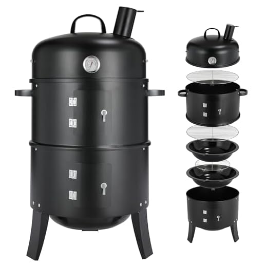 TLGREEN Affumicatore 3 in 1, Affumicatore con Camino, Barbecue a Carbone, Barbecue Smoker con Termometro, 2 Griglie in Acciaio Inox (φ 37,5 cm), BBQ Smoker, per Affumicare, Grigliare e Cucinare