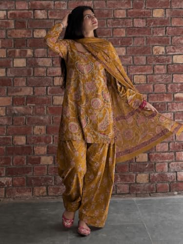 Image of ANNI Designer Farshi Salwar Suit for Women Cotton Printed | Kurta Dupatta Set for Woman | Straight Palazzo Outfit Square Neck Long Sleeve Ethnic Dress Stylish Womens Clothing