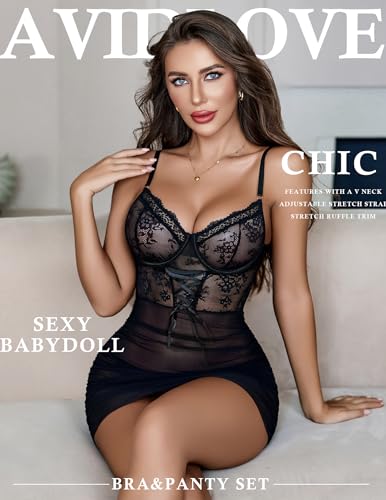 Avidlove Sexy Lingerie for Women Floral Lace Nightwear V Neck Babydoll Chemise Sexy Boudoir Outfits (Black Small) - image 4