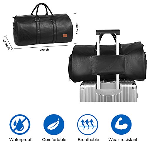 Carry On Garment Bag, Waterproof Mens Garment Bag for Travel Business, Large Leather Duffel Bag with Shoe Compartment -Black