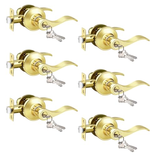 Image of Gobrico Polished Brass Keyed Entrance Door Lever Handle Entry Door Lockset Hardware with Key,Drop Lever Style Door Lock for Front Door Exterior Door,6 Pack