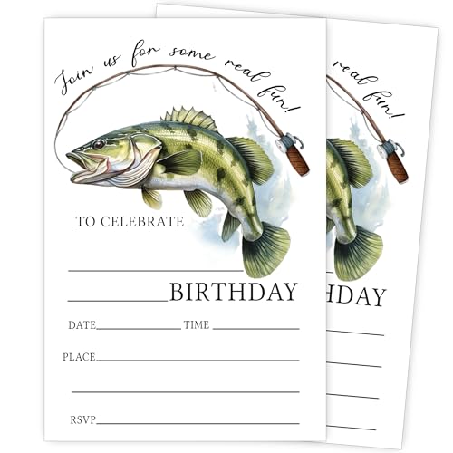 釣り誕生日パーティーの招待状、男の子、女の子、ティーン向けの小さな漁師パーティーの招待状、封筒付き両面招待カード20枚、釣りテーマの誕生日デコレーション用品-A20
