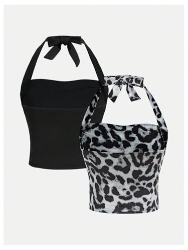 Image of SOLY HUX Girl's 2 Piece Halter Tank Top Leopard Print Ruched Tie Backless Sleeveless Y2k Tops