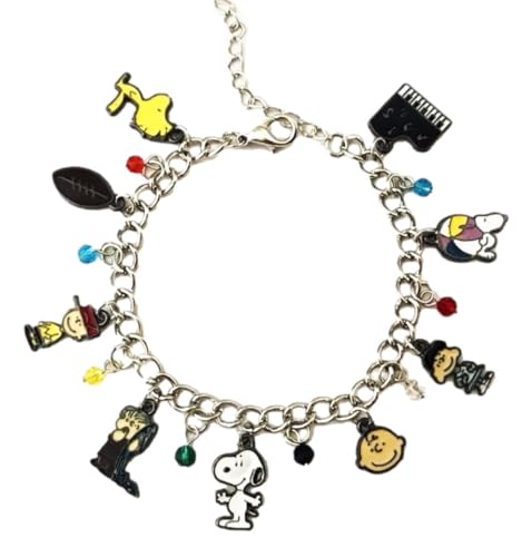 TCB Creations Snoopys Cartoon Dog and Friends Themed Multicharm Silvertone Metal Charm Bracelet