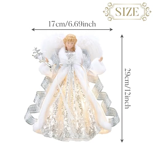 Valery Madelyn Lighted Christmas Tree Topper Angel with Timer, 12 Inch White and Silver Fabric Small Angel Tree Topper with Lights for Christmas Tree Decor Indoor, Battery Operated, Valentines Gift by Valery Madelyn - Image 3