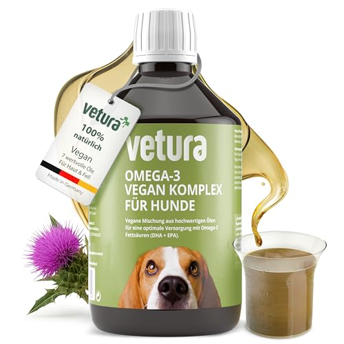 Vetura Omega-3 Vegan Komplex für Hunde | 500 ml | Pflanzliches Ergänzungsfuttermittel mit DHA, EPA & ALA | Mit Leinöl, Algenöl & Nachtkerzenöl | Für Haut, Fell & Vitalstoffversorgung | Made in Germany
