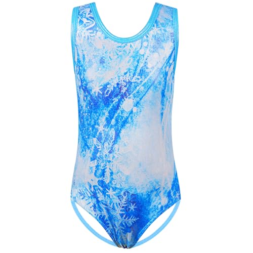 HUAANIUE Mädchen Kinder Gymnastikanzug Turnanzug Gymnastik Trikot Ärmelloses Tanzkostüm 3-14 Jahre (B395-Schneeflocke Blau, 5-6 Jahre)