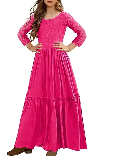 Image of MITILLY Girls Lace Flower Wedding Guest Long Maxi Dress for 6-12 Years | Girls Boho Dress, Girls' Special Occasion Dresses, Wedding Party, Size 6-12 Years, Ruffle Sleeve, A Line, With Pockets