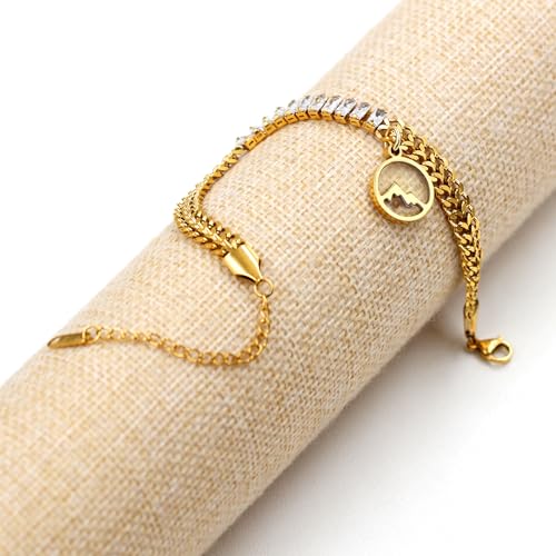 Image of Ladies Gold Double Cuban Chain, Tennis Zircon Charm Mountain /Round Mustard Seed Pendant Bracelet for Women Mom Religion Faith Jewelry
