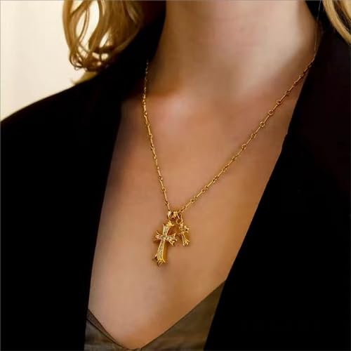 Double Cross Vintage CZ Diamond Cross Long Pendant Necklace 18k Gold Plated Choker Necklace for Women,Trendy Jewelry Gifts for Women.2