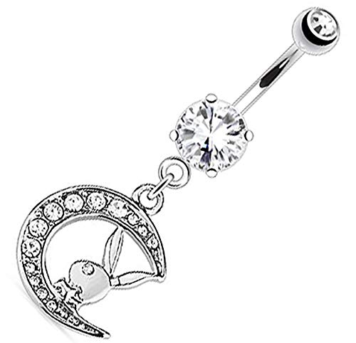 Belly Button Ring Playboy Bunny with Paved Gemmed Moon Dangle 316L Surgical Steel Navel Ring