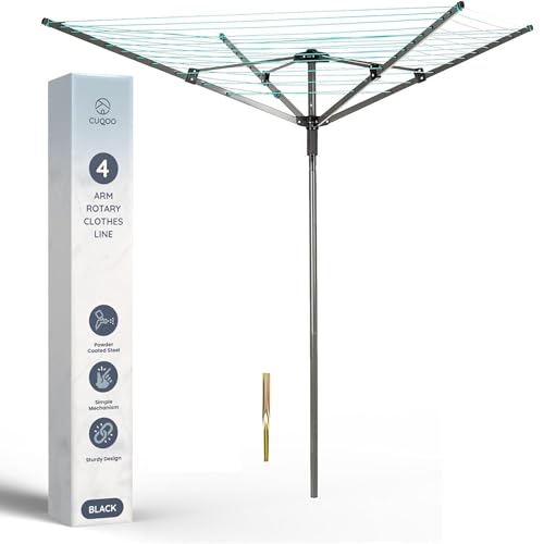 CUQOO 4 Arm Folding Clothes Line in Silver – 45m Heavy Duty Rotary Washing Line | Outdoor Rotary Clothes Dryer with Non-Slip Lining, Ground Spike, and Cover - Silver