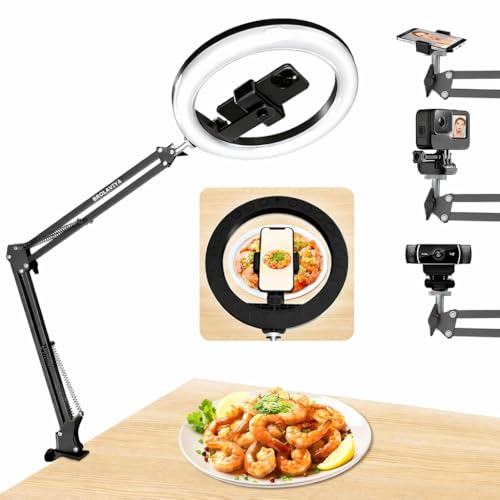 Image of BROLAVIYA Upgraded No Shadow Overhead Video Mobile Stand with 10inch Selfie Ring Light, Metal Arm,1 /4 inch Adaptor for Camera, GoPro and Flexible Mobile Bracket for Desktop, Bedroom, Office