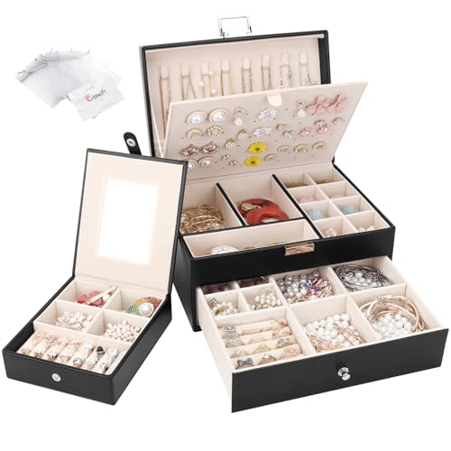 Casiwaft Caja Joyero con 2 Niveles de PU, Caja Joyero con Cajones, Caja Organizador de Joyas con Estuche para Joyería Portátil para Joyas para collares, pendientes, anillos, relojes, Negro
